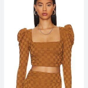 New House of Harlow Hailes Cropped Top in Checkered Golden Brown, Size XSmall